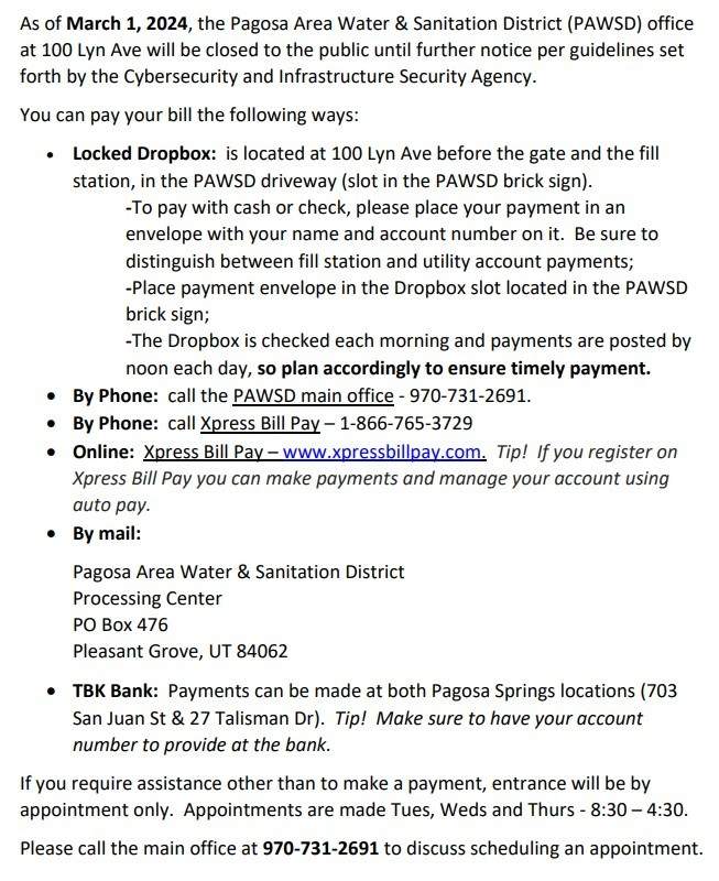 PAWSD Main office closed updated 4.29.26